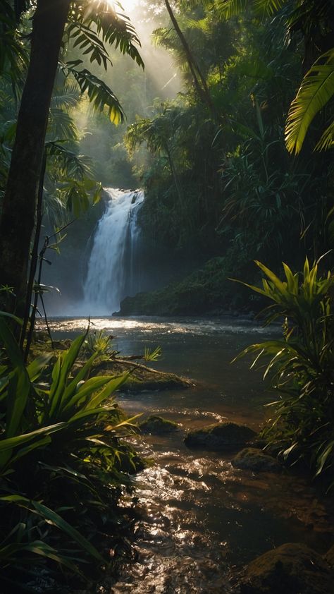 Jungle With Waterfall, Beautiful Ponds Lakes, Stream In The Woods, Cool Landscapes Photography, Relaxing Places Nature, Cool Green Wallpaper, Rainforest Environment, Ads Background, Waterfall Beautiful