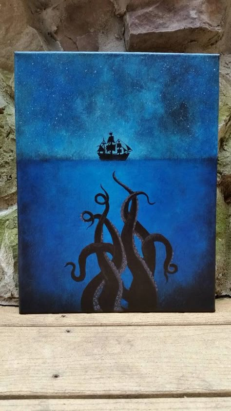 Pirate Ship Art, Tentacle Art, Octopus Painting, Paint Nite, Soyut Sanat Tabloları, Simple Acrylic Paintings, Paint Night, Things To Paint, Sea Art