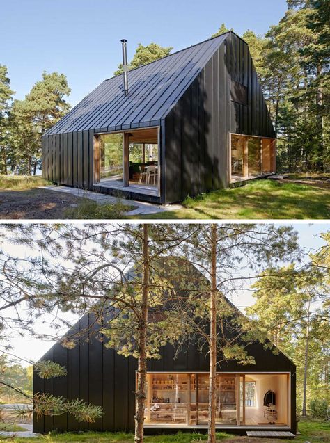 19 Examples Of Modern Scandinavian House Designs | The black siding seamlessly connects with the black roof to create a striking look against the green forest surrounding it. Scandinavian House Plans, Modern Scandinavian House, Scandinavian Exterior, Scandinavian House Design, Scandinavian Modern House, Forest Cabins, Scandinavian Exterior Design, Scandinavian Houses, Small House Design Architecture