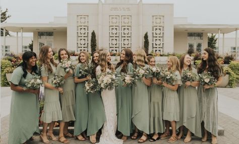 lds friendly, temple wedding, fall, sage green dresses, short sleeve bridesmaid dresses Sage Green Bridesmaid Dresses Short Sleeve, Sage Green Different Bridesmaid Dresses, Different Sage Green Bridesmaid Dresses, Sage Green Midi Bridesmaid Dresses, Sage Green Short Bridesmaid Dresses, Sage Made Of Honor Dress, Sage Green And Beige Bridesmaid Dresses, Green Colour Palette Bridesmaid Dresses, Modest Fall Bridesmaid Dresses