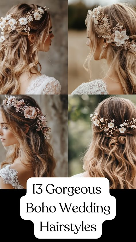 Boho wedding hairstyle with loose waves adorned with floral accessories, showcasing an elegant and free-spirited bridal look. Side Swept Boho Wedding Hair, Boho Wedding Braided Hairstyles, Half Up Dos For Medium Hair Wedding Side Braids, Boho Halo Braid, Outdoor Wedding Hairstyles The Bride, Spring Wedding Hairstyles Bride, Boho Wedding Hairstyle, Boho Wedding Hairstyles For Long Hair, Bride Hair Flower Crown