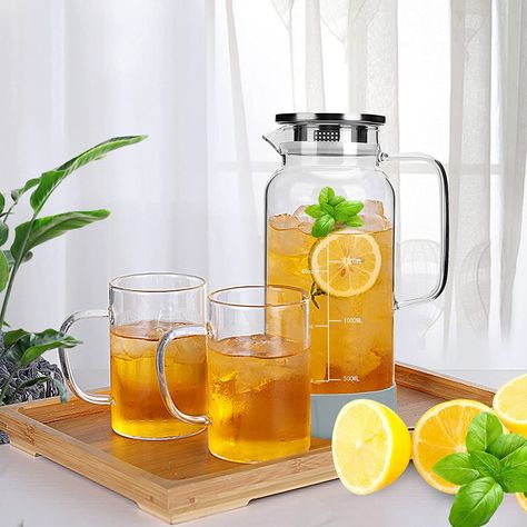 Amazon.com: BOQO Glass Water Pitcher,50 Oz Carafe with Lid,Glass Water Jug with Particular Coaster and Brush,Glass Water Jar… : Home & Kitchen Aesthetic Kitchenware, Glass Water Jug, Water Jar, Water Jugs, Pitcher With Lid, Wine Coolers Drinks, Fish And Chicken, Tea Pitcher, Homemade Drinks