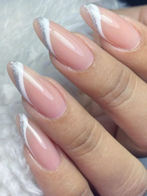 white and silver swirly side tips Nude Nails With Glitter, Silver Nail Designs, White Tip Nails, Nail Designs Ideas, White And Silver Nails, Formal Nails, Nude Nail, French Manicure Nails, Nude Nail Designs