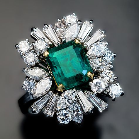 Vintage Asymmetrical Design Emerald Diamond Engagement Ring - Antique Jewelry | Vintage Rings | Faberge Eggs Vintage Cluster Ring, Estate Engagement Ring, Bijoux Art Deco, Emerald Ring Engagement Diamond, Antique Engagement Rings Vintage, Platinum Diamond Rings, Antique Engagement Rings, Emerald Jewelry, Emerald Engagement Ring