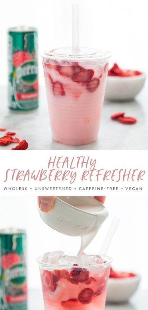 Strawberry Refresher, Resep Starbuck, Strawberry Drink, Resep Smoothie, Strawberry Drinks, Healthy Strawberry, Vegan Drinks, Pink Drink, Healthy Drinks Recipes