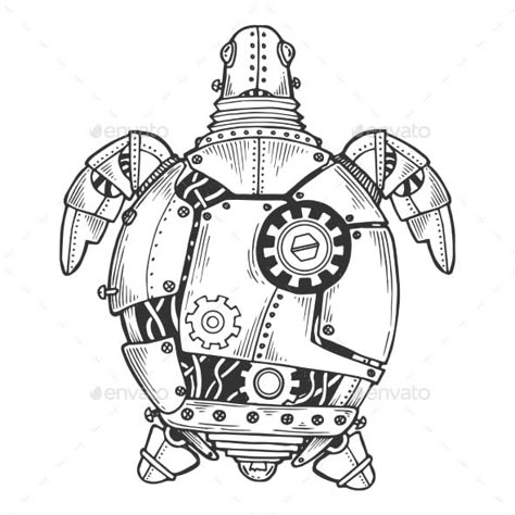 Mechanical Turtle Animal Engraving Vector Mechanical Animals Drawing, Steam Punk Animals, Mechanical Gears Drawing, Mechanical Style Art, Mechanical Art Drawing, Steampunk Animals Drawing, Steampunk Drawing Ideas, Steampunk Turtle, Steampunk Art Drawing