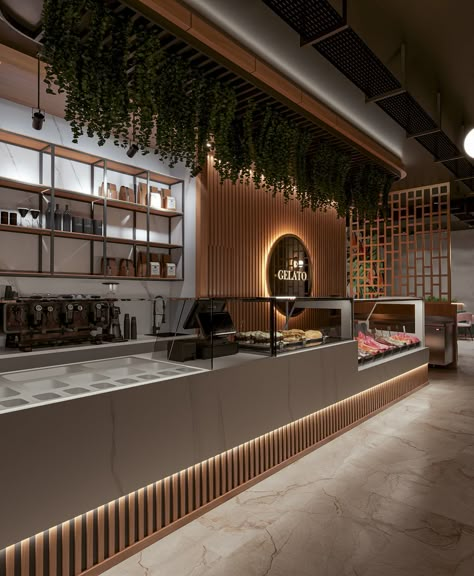 Counter Design Cafe, Restaurant Counter Design Ideas, Gelato Shop Design, Coffee Shop Counter Design, Cafeteria Interior Design, Restaurant Design Architecture, Cafe Counter Design, Restaurant Counter Design, Gelato Design