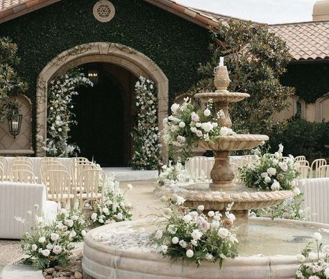 Outdoor European Wedding, Timeless European Wedding, Old European Wedding Theme, Wedding Arch Classic, Luxury Rustic Wedding, Classy Wedding Mood Board, French Wedding Centerpieces, Fountain Florals Wedding, White Roses Wedding Table Decor