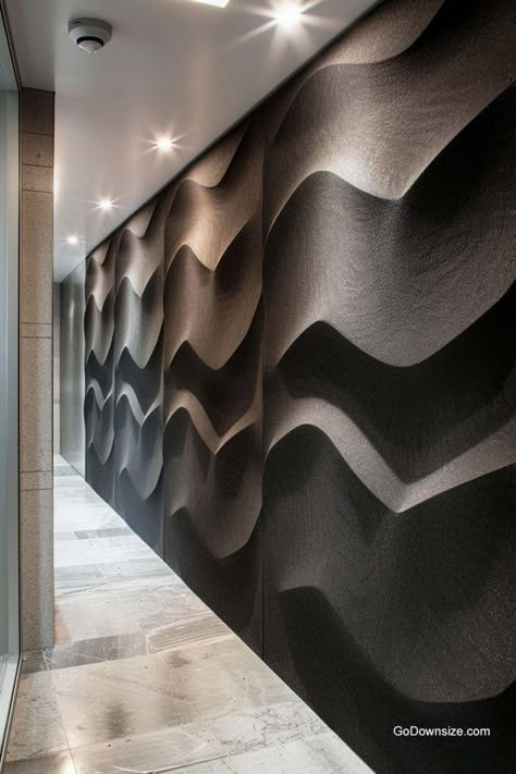 On the other hand, you can have a smoother alternative. This wall panel contains soft waves to bounce off sounds and embody movement in the room. Office With Sound Panels, Sound Proof Wall Panelling, Sound Proof Panel Design, Sound Proof Wall Design, Acoustic Wall Panels Bedroom, Sound Proofing A Room Design, Office Back Wall Design Interiors, Acoustic Foam Wall Design, Wall Sound Proofing