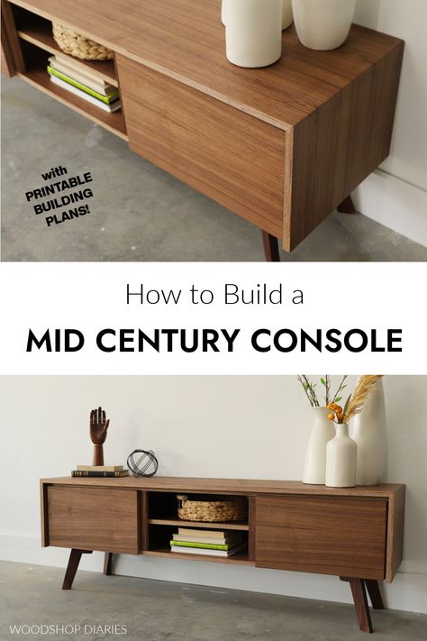 How to Build a Mid Century Console Mid Century Modern Media Cabinet, Build Tv Stand, Tv Console Plans, Mcm Tv Console, Diy Mid Century Coffee Table, Diy Mid Century Modern Tv Stand, Mid Century Modern Console, Diy Mcm Tv Stand, Mcm Tv Stand