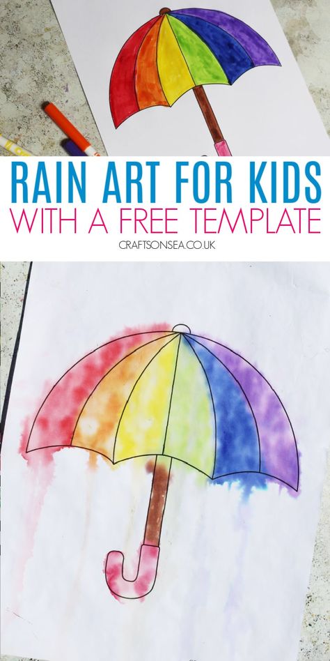 Rain Art For Kids (FREE Template) Rain Crafts, Weather Activities Preschool, Weather Activities For Kids, Summer Preschool Crafts, Weather Art, Weather Crafts, April Crafts, Kids Umbrellas, K Crafts