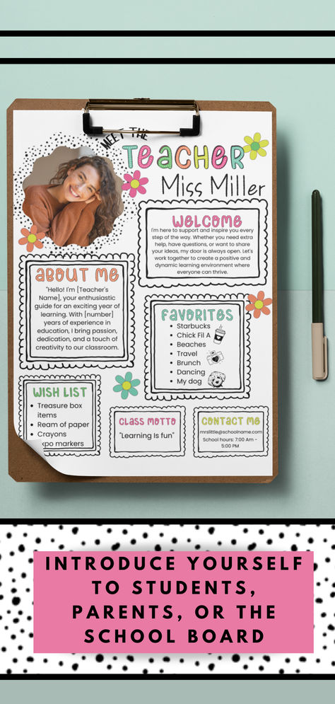 The Meet the Teacher Template is a customizable back-to-school flyer designed to introduce teachers through a personalized letter, perfect for starting the school year on a positive note. This template can double as a classroom newsletter, allowing teachers to communicate effectively with parents and students about upcoming plans and classroom rules. #teacher #meettheteacher #teacherletter #backtoschool Teacher Introduction Letter To Parents, Teacher Introduction Letter, Teacher Introduction, Back To School Flyer, Teacher Brochure, Introduction Letter, Meet The Teacher Template, Letter To Teacher, Classroom Newsletter