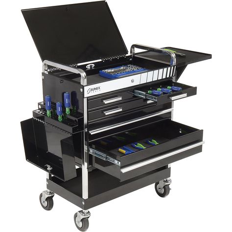 Tool Boxes, Storage & Organization | Carts | Sunex Tools 8045BK 27" Professional 5 Drawer Black Tool Cart W/ Locking Top | B788164 - GlobalIndustrial.com Mechanics Tool Cart, Teacher Cart, Space Mobile, Rolling Tool Box, Organization Cart, Mechanics Tool Set, Welding Cart, Shop Stool, Tool Cart