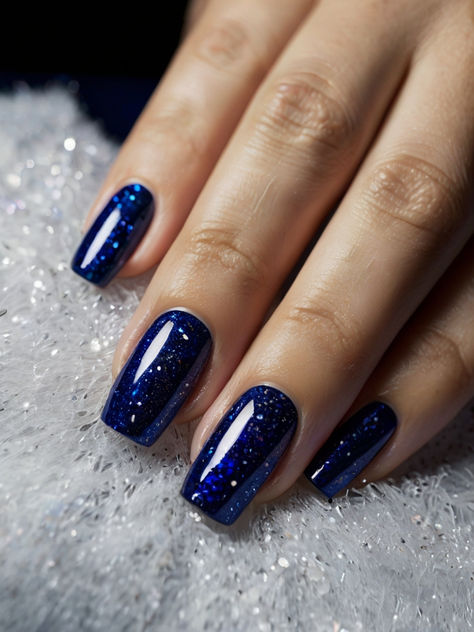 Blue With Sparkles Nails, Navy Blue Nails With Glitter, Dark Blue Nails With Glitter, Navy Glitter Nails, Icy Blue Nails Winter, Dark Blue Glitter Nails, Dark Blue Christmas Nails, Navy And Silver Nails, Black And Blue Nails