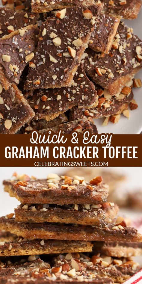 front view of graham cracker toffee broken into pieces and stacked. Graham Cracker Recipes Desserts, Graham Cracker Toffee Bars, Cracker Toffee Bars, Brown Sugar Toffee, Graham Cracker Toffee, Easy Toffee, Graham Cracker Recipes, Easy Candy Recipes, Easy Candy