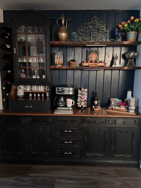 Cabinet Into Coffee Bar, Antique Coffee Bar, Coffee/wine Bar, Diy Coffee Bar, Coffee Bar Design, Home Coffee Stations, Wainscoting Panels, Coffee Bars In Kitchen, Coffee Nook