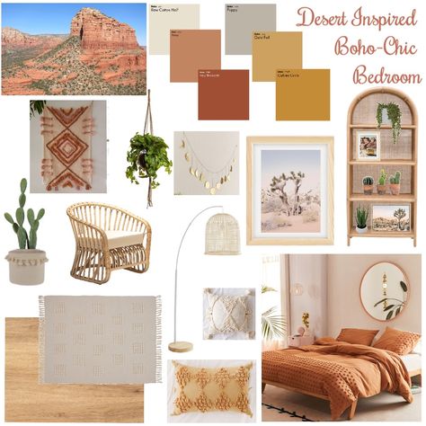 View this Interior Design Mood Board and more designs by morganriley on Style Sourcebook Bohemian Chic Interiors, Desert Guest Room, Bohemian Style Mood Board, Desert Guest Bedroom, Bohemian Interior Design Mood Board, Bohemian Chic Interior Design, Sedona Inspired Bedroom, Boho Interior Mood Board, Boho Interior Style