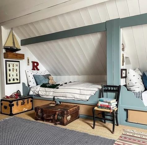 Attic Rooms for Kids Attic Kids Bedroom, Attic Bedroom Kids, Eaves Bedroom, Kids Attic Bedrooms, Slanted Ceiling Bedroom, Bunk Room Ideas, Attic Bed, Slanted Walls, Attic Bedroom Designs