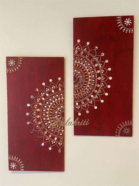 Wall Hanging With Mirror Work, Aipan Art On Canvas, Mandala On Wall Home Decor, Hand Craft Home Decor, Latest Art And Craft Ideas, Lippan Art Home Decor, Pista Decoration Ideas, Plywood Painting Art Ideas, Mfd Board Art