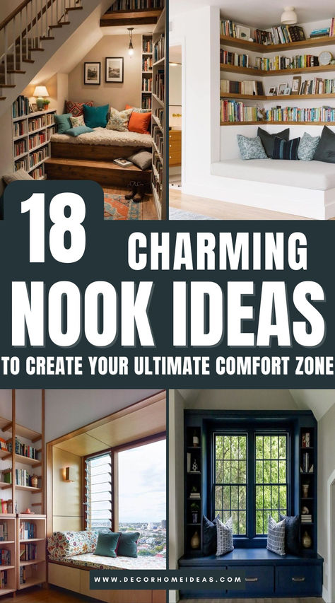 Explore 18 delightful reading nooks that turn your home into the ultimate cozy escape. Featuring comfy seating, warm lighting, and clever design ideas, these spaces are perfect for diving into your favorite book or simply unwinding. Which nook will inspire your next cozy corner? Elegant Reading Corner, Reading Nook Window Seat Bookshelves, Shiplap Reading Nook, Cape Cod Window Nook Ideas, Reading Nook Corner Bedroom, Reading Nook At Top Of Stairs, Nook Decorating Ideas Living Room, Bonus Room Reading Nook, Built In Sleeping Nook