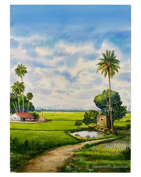 Navaneeth Art Gopalan (@navaneeth_gopalan) • Instagram photos and videos Village Water Colour Painting, Composition In Art Paintings, Village Painting Ideas, Landscape Paintings In Watercolour, Painting Ideas Village, Village Scene Drawing Water Colour Easy, Water Colour Village Scenery, Landscape Reference For Painting, Watercolor Scenery Landscape Paintings