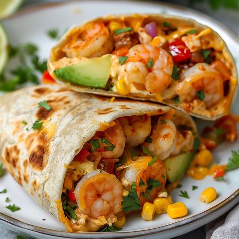 Easy Shrimp Burritos are a delightful and satisfying meal that’s filled with juicy shrimp, fresh vegetables, and creamy sauces. They’re not heavy or overly complicated either. I think they’re a perfect summer or weeknight dinner, and if you’re not a shrimp fan, feel free to substitute with chicken or veggies. It will still be undeniably delicious! If you’re looking for a quick and flavorful meal that’s not overly heavy, you’ve come to the right place. When you make a burrito with tender shrimp Mexican Shrimp Burrito Bowl, Shrimp And Bacon Tacos, Healthy Shrimp Wrap Recipes, Shrimp Wrap Recipes Tortillas, Shrimp Recipes For Dinner Mexican, Old Bay Shrimp Burritos, Shrimp Wraps Tortilla, Healthy Shrimp Burrito, Shrimp Wraps Recipes