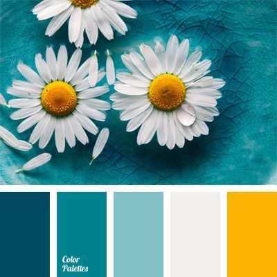 Color Palette #151 Delicate and fresh daisies. Dark blue, denim, turquoise, light blue harmonizes with white and yellow. This classic combination is suitable for a light summer image, and for formal business suit. Chamomile’s colors on light blue color do not hurt your eyes and cause irritation. Yellow Bath, Yellow And Teal, Room Dark, Color Schemes Colour Palettes, Black And White Love, Yellow Walls, Color Palette Design, Color Balance, Bath Room