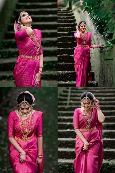 Saree Poses Wedding, South Indian Wedding Sarees Color Combinations, Rani Color Saree, Silk Saree South Indian, Kerala Wedding Saree, South Indian Wedding Saree, South Indian Bride Saree, Lichi Silk Saree, Indian Bride Poses