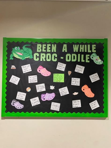 Croc Door Decs, College Information Bulletin Board, Croc Bulletin Board Ideas, Community Themed Bulletin Boards, Ra Staff Bulletin Board, Residence Hall Bulletin Boards, Ra Travel Theme Bulletin Boards, Croc Bulletin Board, Bulletin Board Ideas For College Dorms