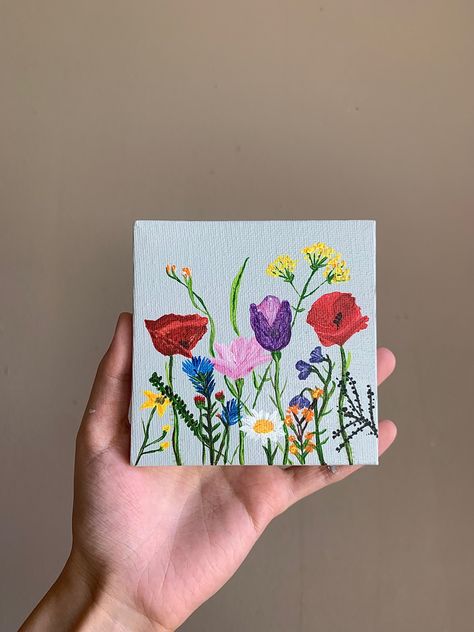 Wildflowers on 4x4” stretched canvas Painted Wildflowers Acrylic, 4x4 Acrylic Paintings, Tiny Painting Ideas On Canvas, Wildflowers Canvas Painting, Small Mini Canvas Paintings, Small Square Acrylic Painting, Square Small Canvas Paintings, Flower Small Painting, Canvas 4x4 Painting