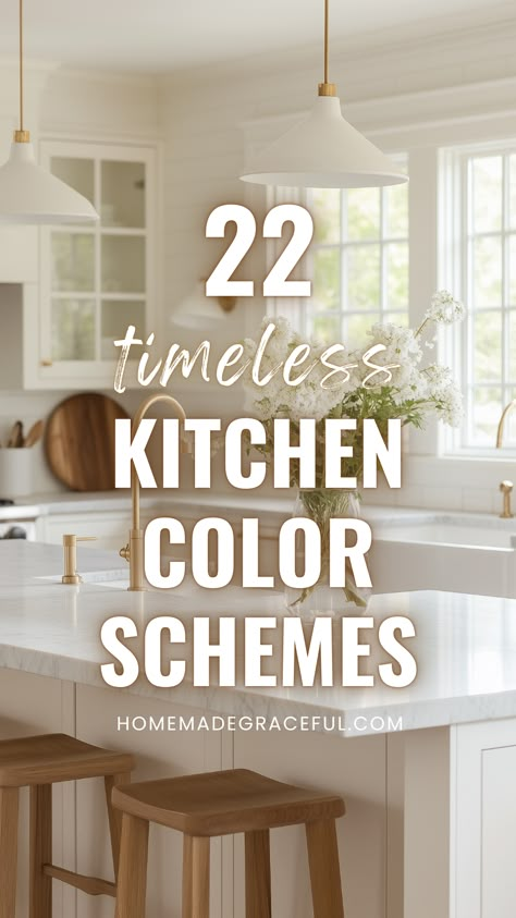 kitchen color schemes Cream Shaker Kitchen Colour Schemes, Warm Homey Kitchen, Timeless Kitchen Paint Colors, Kitchen Counter Color Ideas, Cabinet Color With White Countertop, Kitchen Design Color Ideas, Remodeled Kitchen Ideas, Updated Kitchen Ideas Color Schemes, Kitchen With Taupe Cabinets