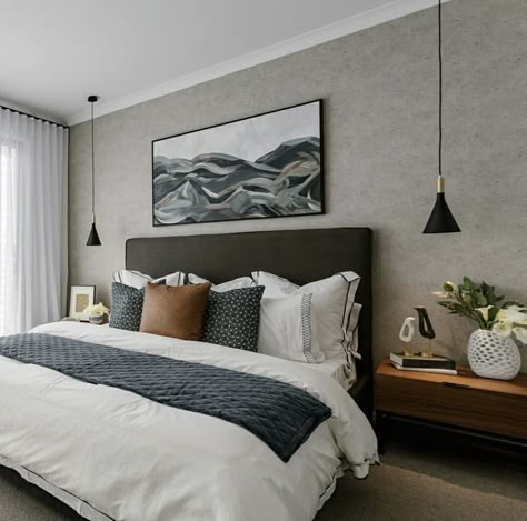 Grey Bed With Wallpaper, Bedding Inspiration Grey Headboard, Brown White Grey Bedroom, Bedroom Decor Dark Bed Frame, Master Bedrooms Dark Grey Bed, Neutral Bedding Grey Headboard, Dark Gray Bed Bedroom Ideas, Grey Bed With Accent Wall, Dark Grey Bedroom Inspirations