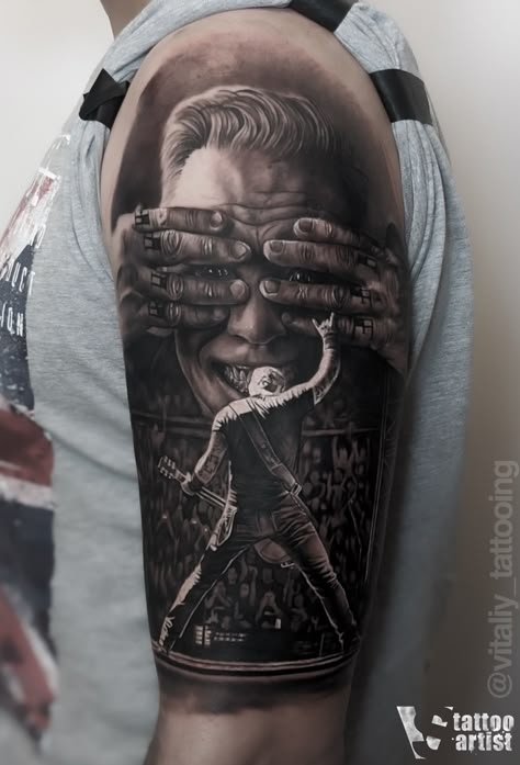 Metallica Sleeve Tattoo, Rock Metal Tattoo, Metallica M Tattoo, Fall Out Tattoo, Metallica Tattoo Women, Metallica Tattoo Sleeve, Rock Tattoo Music, James Hetfield Tattoo, Metallica Tattoo Ideas