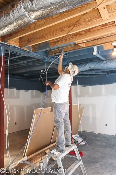 Painted Basement Ceilings, Drop Ceiling Basement, Basement Ceiling Ideas Cheap, Unfinished Basement Ceiling, Cheap Basement Ideas, Exposed Basement Ceiling, Basement Ceiling Painted, Basement Ceilings, Finish Basement