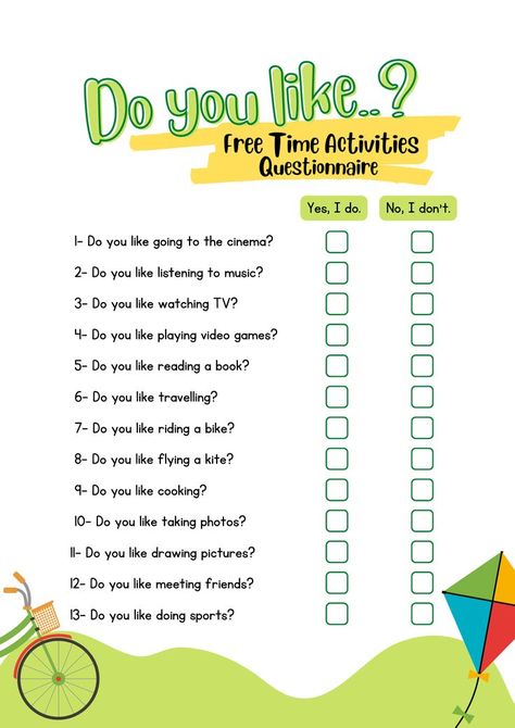 Do You Like Questions, Free Time Activities Worksheets, Things I Like, Leisure Time Activities, Questionnaire Design, Esl Ideas, Simple Graphic Design, Questions For Kids, Free Time Activities