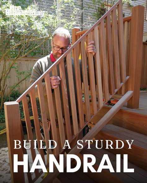 In the final installment of this three-part series on building deck stairs, Kevin Manning, project manager at Red House Design, talks through adding the final piece of the stairs: hardwood railings. The railings were assembled in sections, secured to a bottom rail, and then topped with a molded handrail for a professional finish. Diy Wood Porch Railing, Diy Deck Stair Railing, Wood Railings For Stairs Outdoor, Diy Deck Stairs, Dyi Deck, Stairs Hardwood, Wood Porch Railings, Building Deck, Porch Handrails