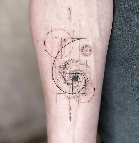 Fibonacci black hole arm tattoo Science Spine Tattoo, Fibonnaci Sequence Tattoo, Spacetime Tattoo, Math Equation Tattoo, Fibonacci Spiral Tattoo Golden Ratio, Space Tattoo Aesthetic, Black Hole Tattoo Minimalist, Maths Tattoo Ideas, Fibinocci Tattoo