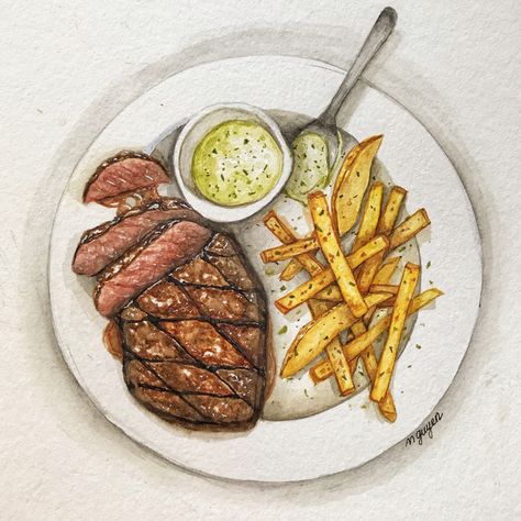 Food Drawing Sketches, Drawing Of Food, Fries Illustration, Steak And Fries, Drawings Of Food, Food Sketches, Watercolor Food Illustration, Drawing Food, Recipe Drawing