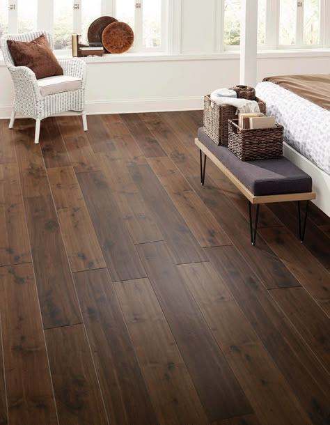 Focus on longevity without sacrificing stability with this Wassila Valley Walnut Hand Scraped Water-Resistant Engineered Hardwood engineered hardwood! The durable core allows engineered hardwood to be installed on all levels of your home. Hand scraped engineered hardwood floors are contoured to display the woods natural characteristics and unique qualities. Extra texture and definition are added to the surface of the plank before it's finished with the final top coat. Engineered hardwood is real Dark Hardwood Floors Living Room, Dark Oak Flooring, Walnut Wood Floors, Hardwood Flooring Ideas, Living Room Hardwood Floors, Wood Floor Colors, Cherry Wood Floors, Wood Plank Flooring, Hardwood Floors Dark