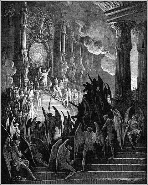 In the distance, a winged figure stands in front of a throne set at the top of a flight of stairs while in the foreground, similar creatures watch the ceremony Milton Paradise Lost, Master Artists, John Milton, Paradise Lost, Gustave Dore, Wood Engraving, Adam And Eve, Angels And Demons, Salvador Dali