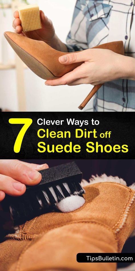 Remove scuff marks and clean suede shoes correctly with cornstarch, a dab of white vinegar, or a pencil eraser. During the cleaning process, rub a brush with a soft bristle in a circular motion. Cleaning suede shoes demands careful attention. #howto #clean #suede #shoes #dirt Clean Suede Boots, Cleaning Suede, Clean Suede Shoes, Clean Suede, Diy Household Cleaners, Suede Cleaner, How To Clean Suede, Shoes Hack, Suede Trainers