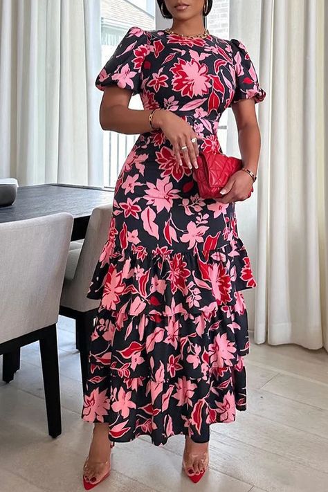 Elegant Print Ruffle Short Sleeve Maxi Dress Elegant Vibes, Chic Dress Classy, Short Sleeve Maxi Dress, Casual Wear Dress, Elegant Dresses Classy, Short Sleeve Maxi Dresses, Classy Casual Outfits, Tiered Midi Dress, African Design Dresses