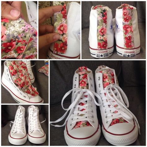 Floral Fabric added to white high top Converse. Upcycled Boots Diy, Upcycle Converse, Canvas Shoes Painting, Embroidery Shoes Diy, Canvas Shoes Diy, Upcycle Shoes, Style Taylor Swift, Boots Diy, Shoe Refashion