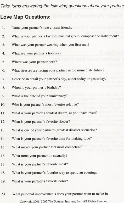 The Gottman Institute в Twitter: „Can you answer these 20 Love Map Questions about your partner? #relationships http://t.co/bhTmFfFXq0“ / Twitter Marriage Counseling Worksheets, Pre Marriage Counseling, Love Map, Counseling Worksheets, Relationship Therapy, Couples Counseling, Getting To Know Someone, Relationship Questions, 20 Questions