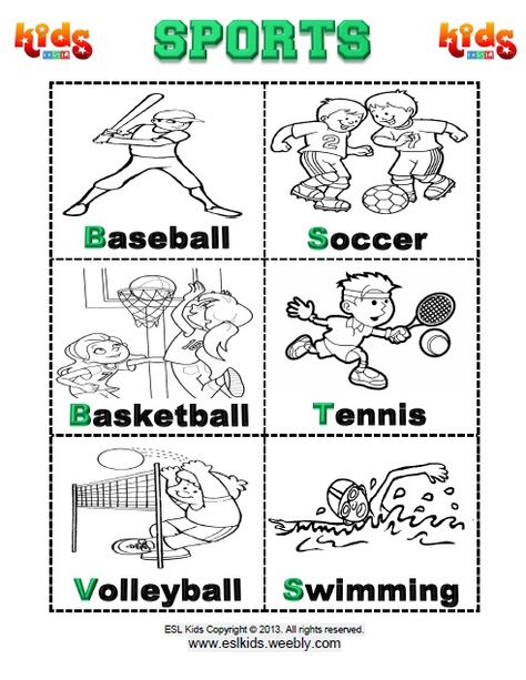 Sports Flashcards http://www.eslkidz.com/ Sports Worksheets For Kindergarten, Sports Worksheets For Kids, Sports Flashcards, Woodward English, English Primary School, Kindergarten Vocabulary, Basic English, Flashcards For Kids, Soccer Tennis