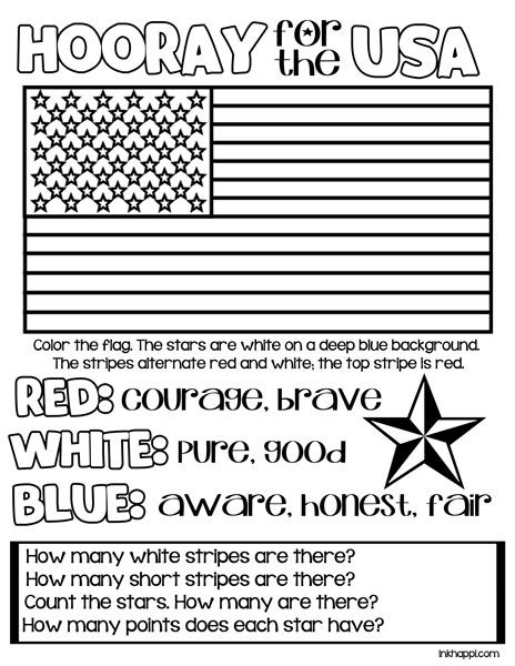 You ever wonder what our American colors the red, white and blue is all about? Find out more with a  free printable and kids coloring page that gives the meaning behind our patriotic colors. at inkhappi.com American Flag Kindergarten, Flag Activity For Preschool, Celebrate Freedom Week Activities, American Flag Unit Study, Ahg Pathfinders Activities, Patriotic Classroom, American Flag Kids, Patriotic Activities, Patriotic Kids