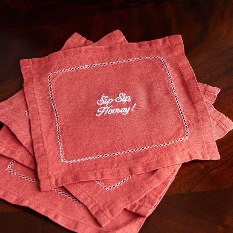 Set of four cocktail napkins, made in Portugal from 100% linen and featuring four cheeky monograms. Cocktail Napkin Design, Napkin Designs Ideas, Branded Napkins, Monogrammed Napkin, Funny Cocktail Napkins, Embroidered Cocktail Napkins, Monogram Cocktail Napkins, Funny Cocktails, Monogrammed Linens