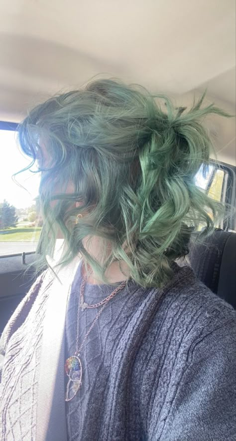 Army Green Hair Color, Half Up Half Down Hair Colored Hair, Short Hair Fun Colors, Green In Blonde Hair, Hair Ideas Short Aesthetic, Hairstyle Inspo Short, Half And Half Short Hair Color, Short Wavy Colored Hair, Sea Sick Green Hair