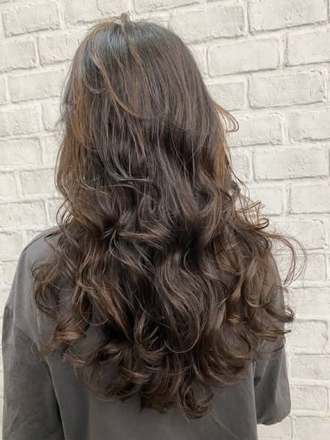 Soft Perm Before And After, Long Layers On Natural Wavy Hair, Long Naturally Wavy Haircuts, Long Layered Hair Wavy Loose Curls, V Haircut Curly Hair, Wavy Hair Lots Of Layers, 2b Layered Hair, Rounded Layers Wavy Hair, Long Layers With Curly Hair