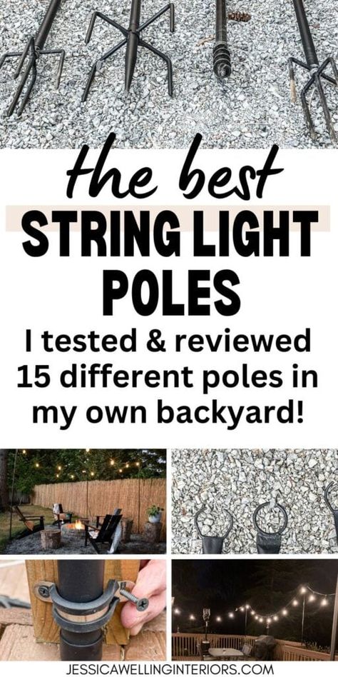 I bought and tested 15 different ready-made string light poles to find the best posts for every location- patios, grass, deck railings, fences, gravel, etc. Outdoor Lights Hanging Ideas, Small Patio Hanging Lights, Yard Pole Lights, Lighting Poles Outdoor, Hanging Lights In Backyard Patio, Garden Lights Poles
Backyard Poles For Lights, Poles For String Lights On Deck, Stringing Outdoor Patio Lights Hanging Lights In Backyard, Patio Hanging Lights, Lights On Deck, Lights In Backyard, Deck String Lights, String Light Poles, Backyard String Lights, Backyard Patio Garden, Patio Railing